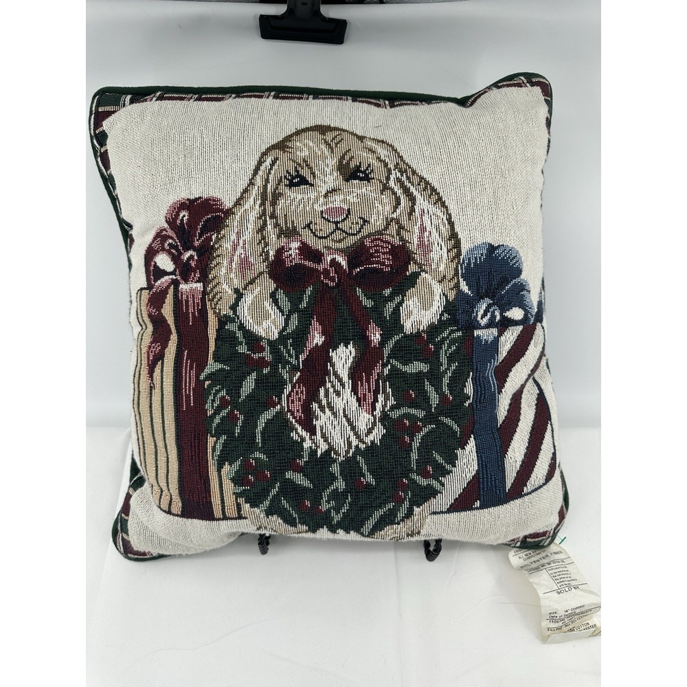 Portifino Tapestry Throw Pillow Christmas Bunny With Wreath‎ Holiday Decor